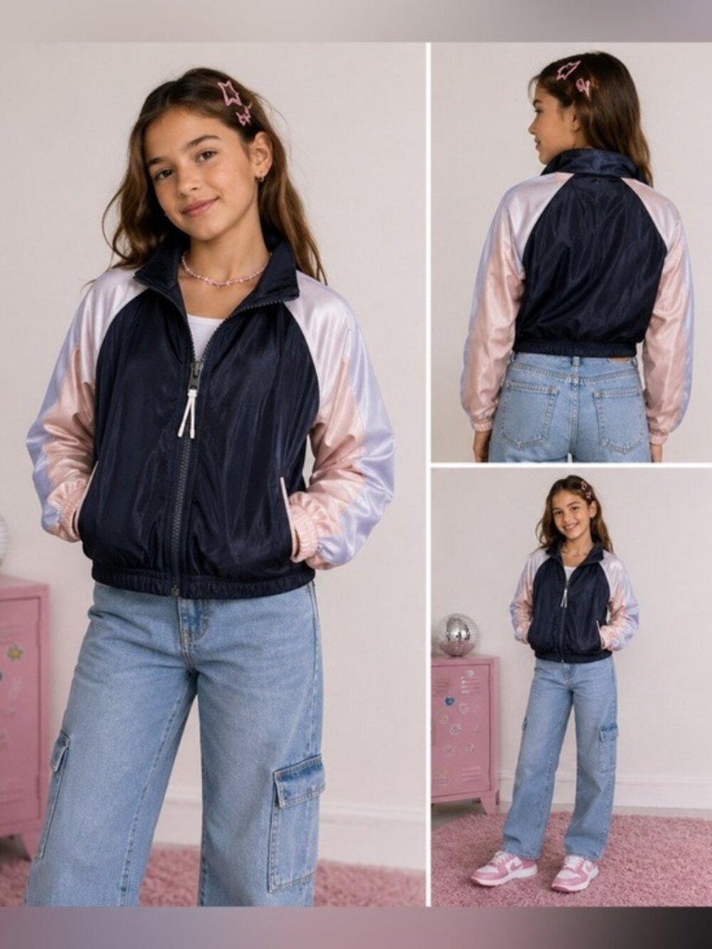 Athleta Girl Shine On Track Jacket Pink Navy Y2K Sporty Balletcore L/12